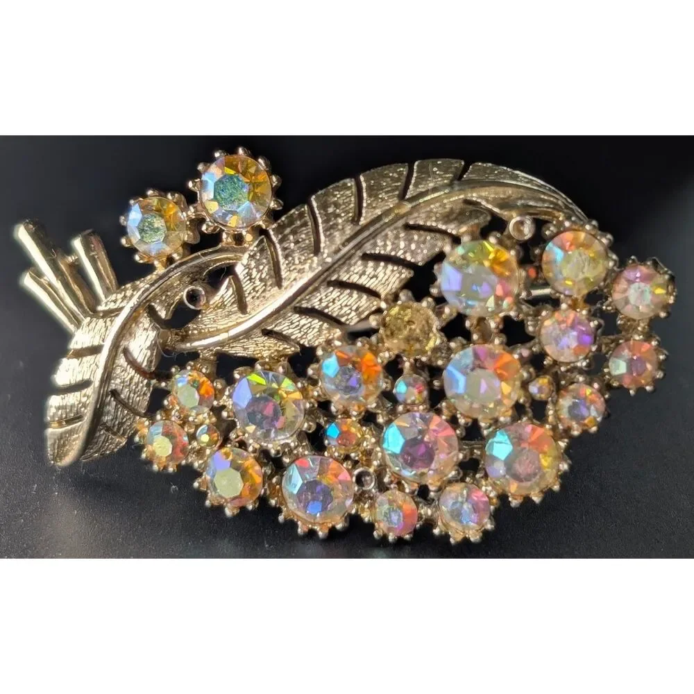 Vintage AB Rhinestone Leaf Brooch Gold Tone Signed C Missing Stones